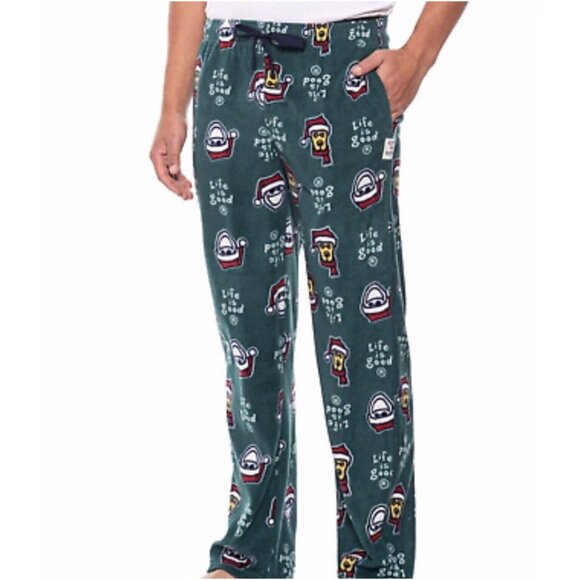 Life Is Good Fleece Pajama Pants Men's Medium Holiday Santa Dog Green Pockets - Picture 2 of 10